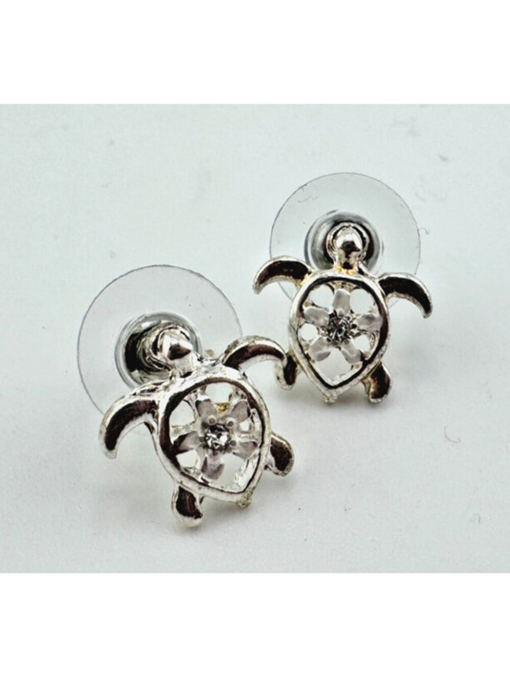 Silver Tone Turtle Stud Earrings with Clear Crystal Accent – Ocean/Beach Jewelry